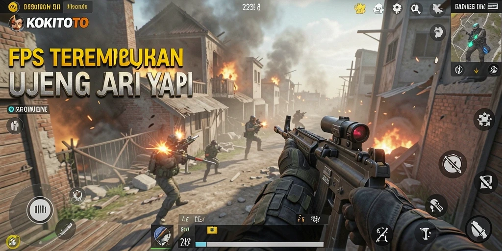 Screenshot gameplay KOKITOTO, menampilkan aksi tembak-menembak yang mendebarkan.