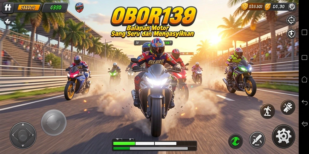 Tampilan gameplay OBOR138 yang seru dalam balapan motor.